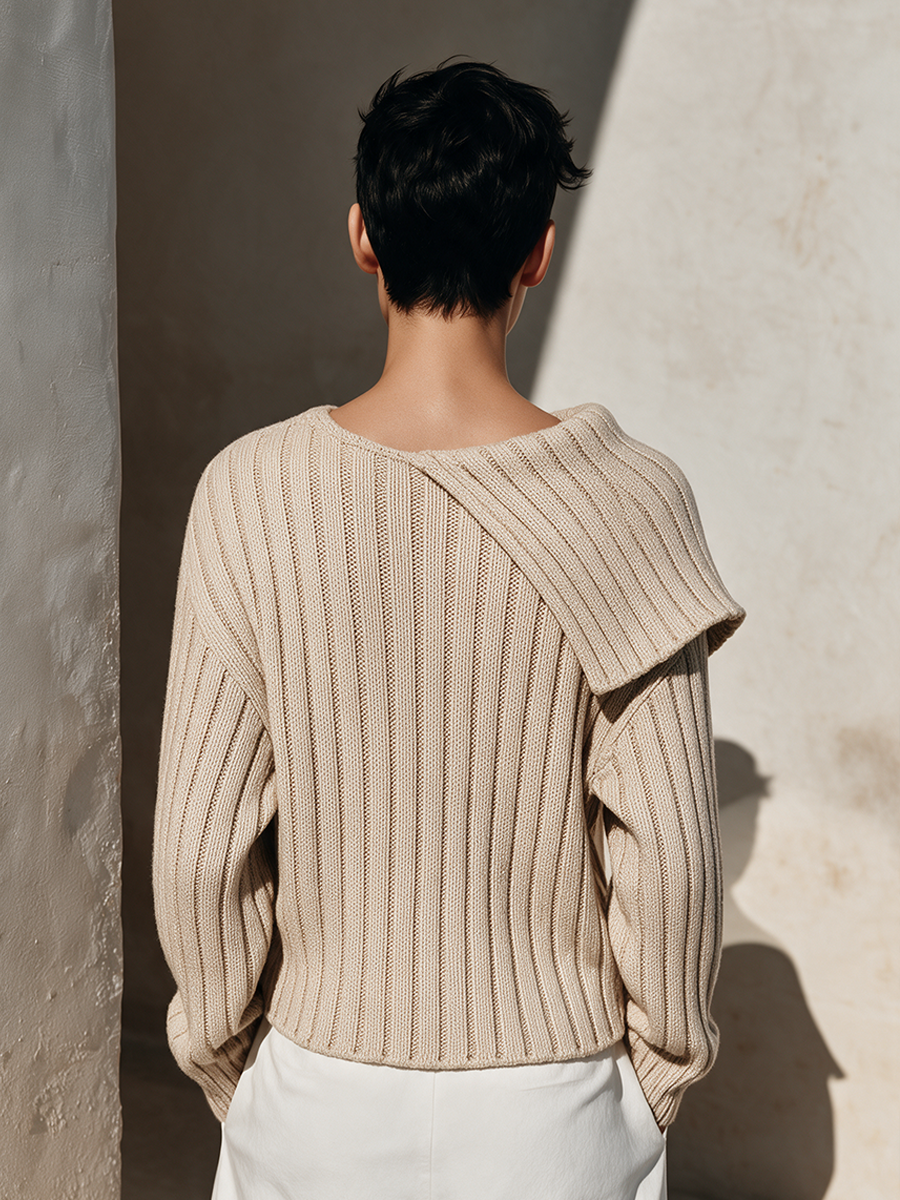 Women's Asymmetric Fold-Over Collar Ribbed Knit Top
