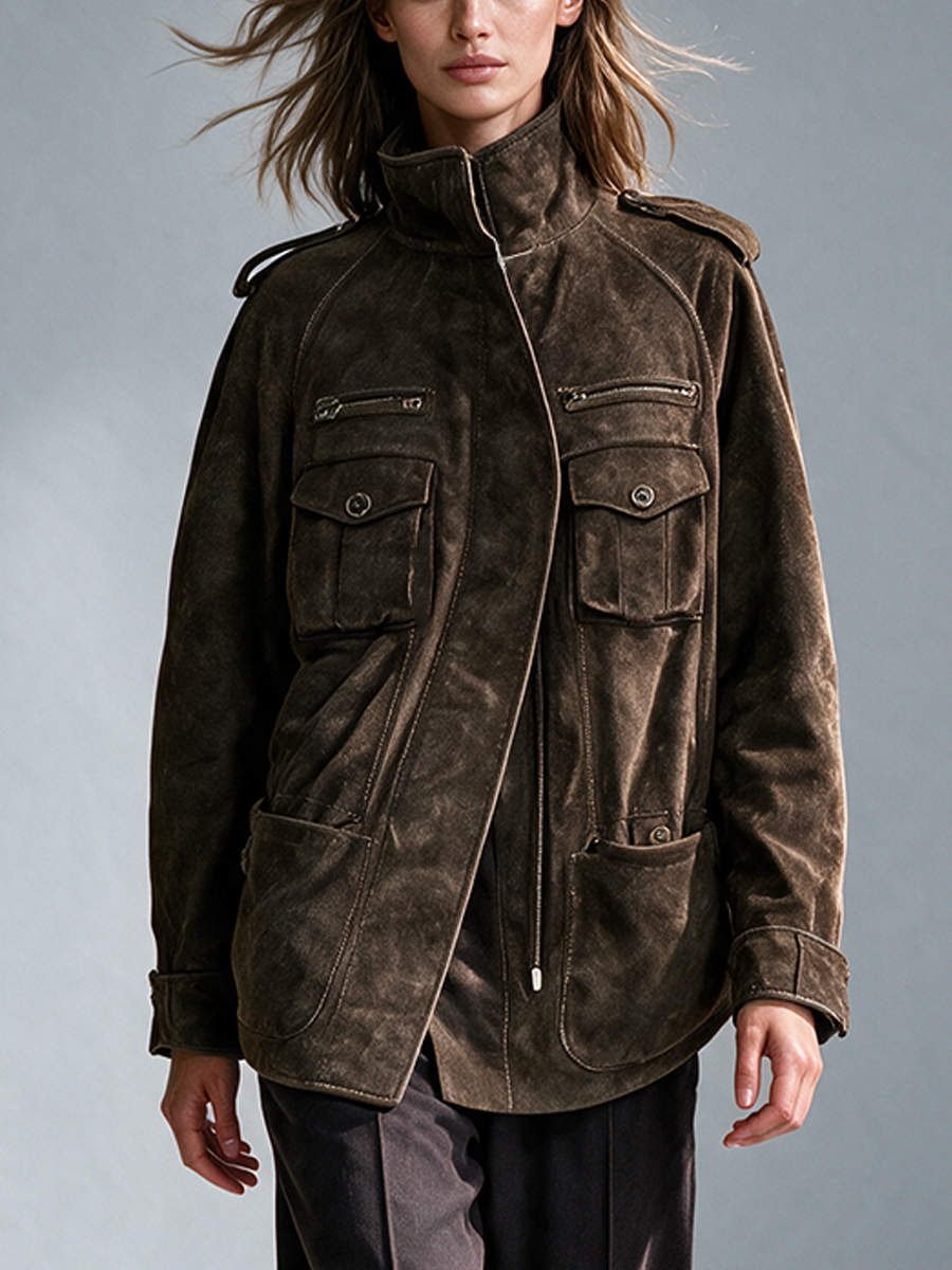 Women's Dark Brown Vintage Stand Collar Utility Suede Jacket
