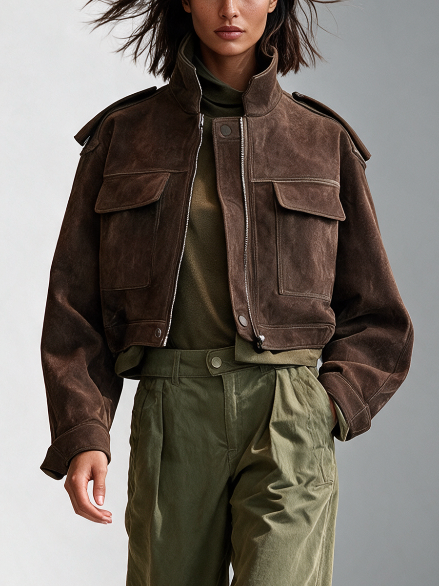 Women's Dark Brown Cropped Stand Collar Utility Suede Jacket