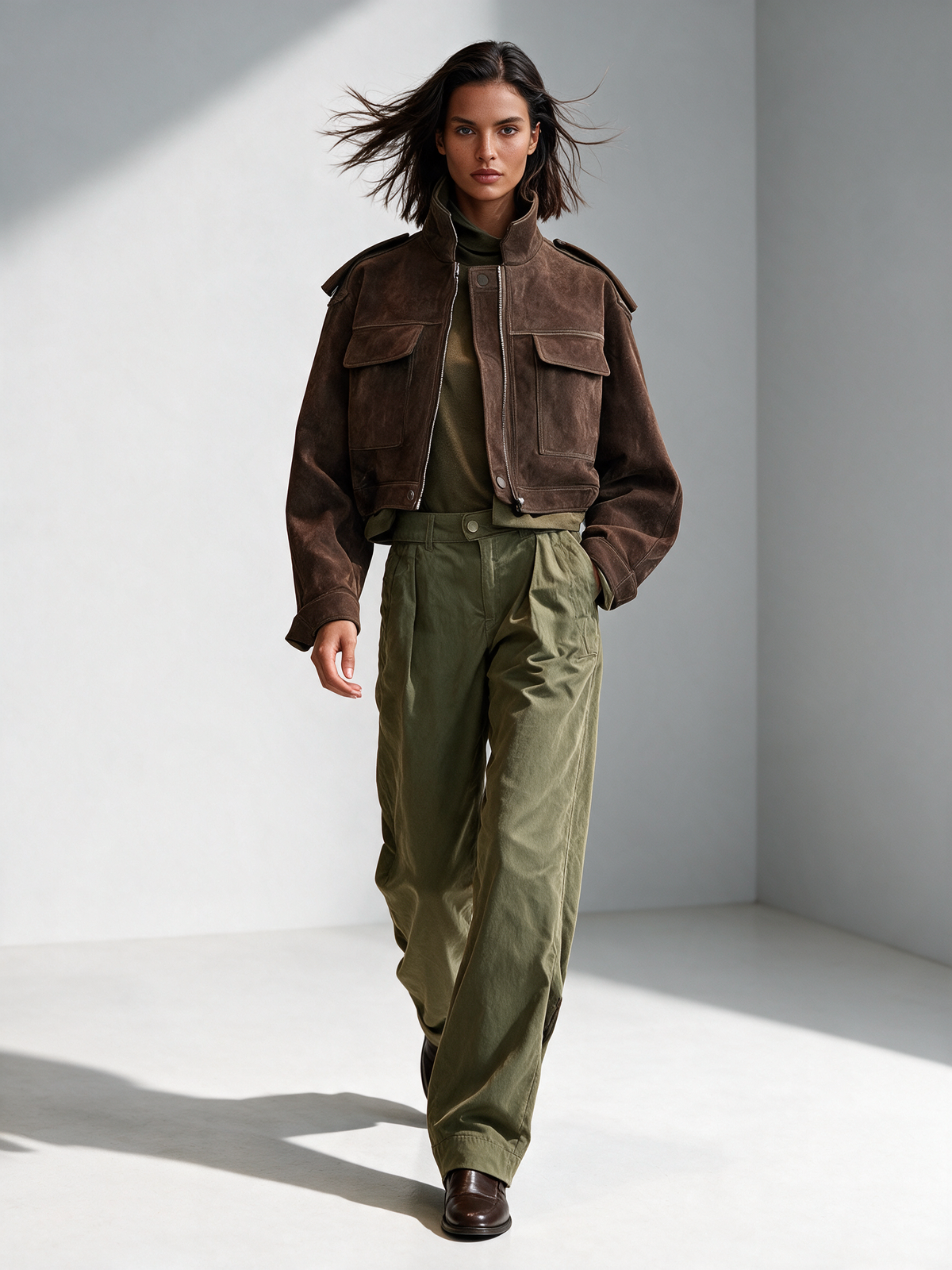 Women's Dark Brown Cropped Stand Collar Utility Suede Jacket