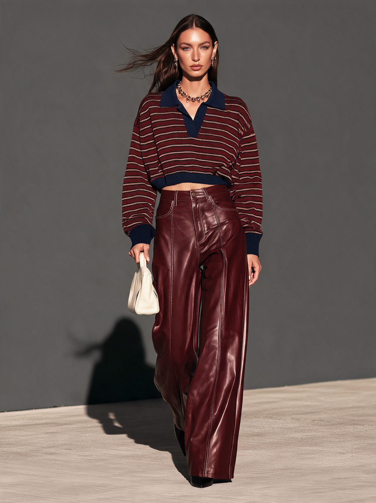 Women's Casual Burgundy Leather Trousers