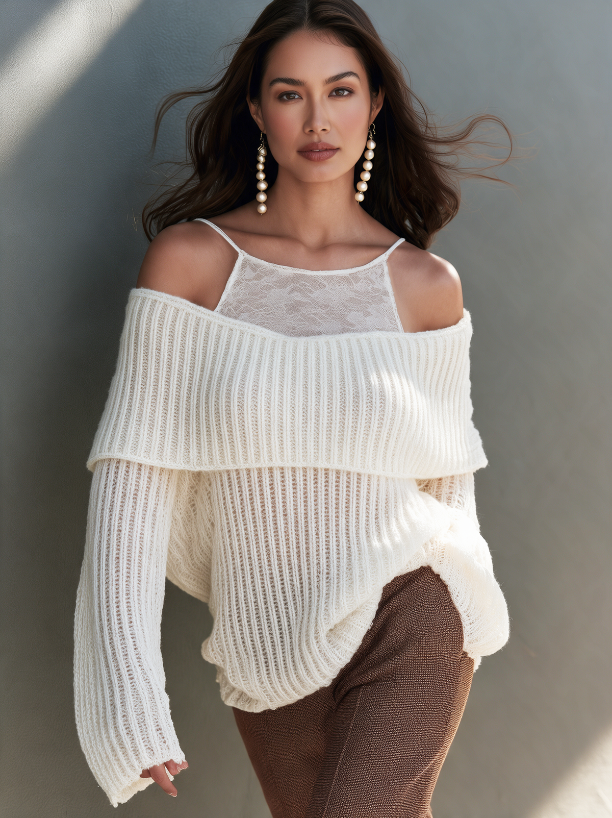 Women's Casual White Knit Off-The-Shoulder Sweater With Lace Paneling