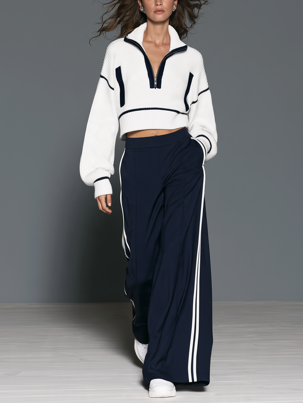 Women's Casual Two-Piece Set Featuring A White Long-Sleeved Knit Top And Dark Blue Sweatpants