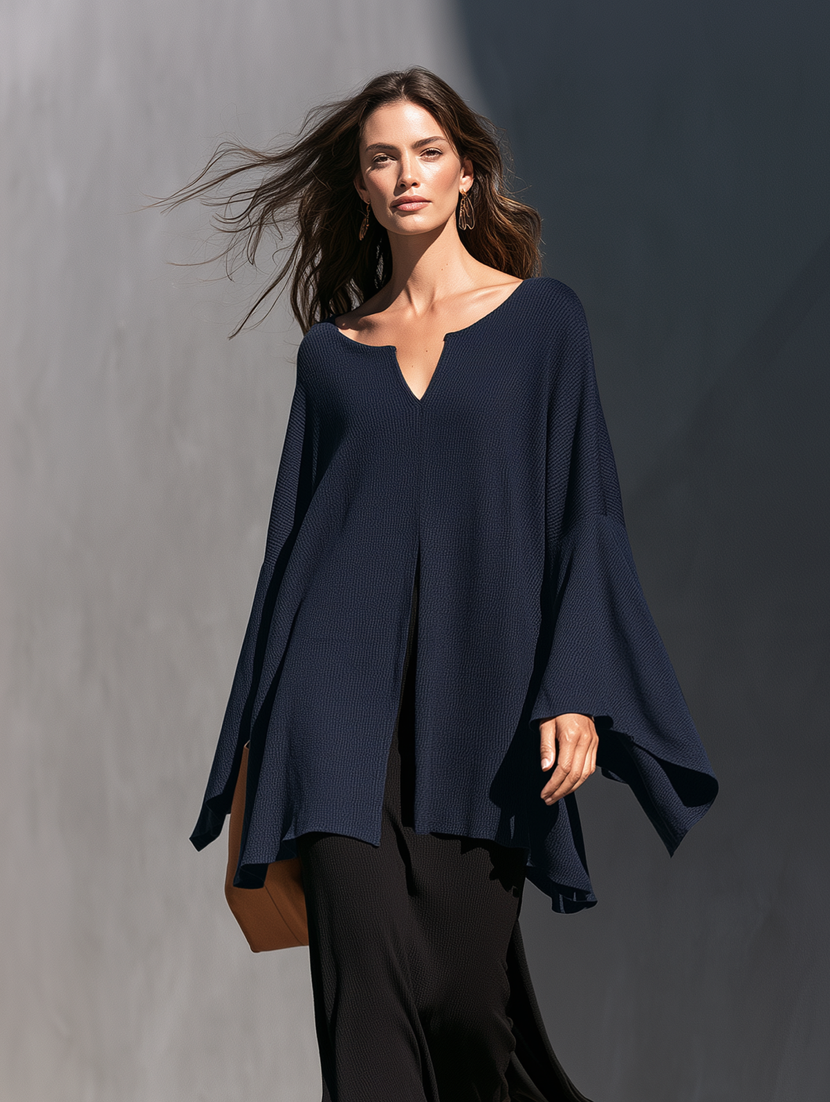 Women's Casual Navy Blue Long-sleeve Knit Top