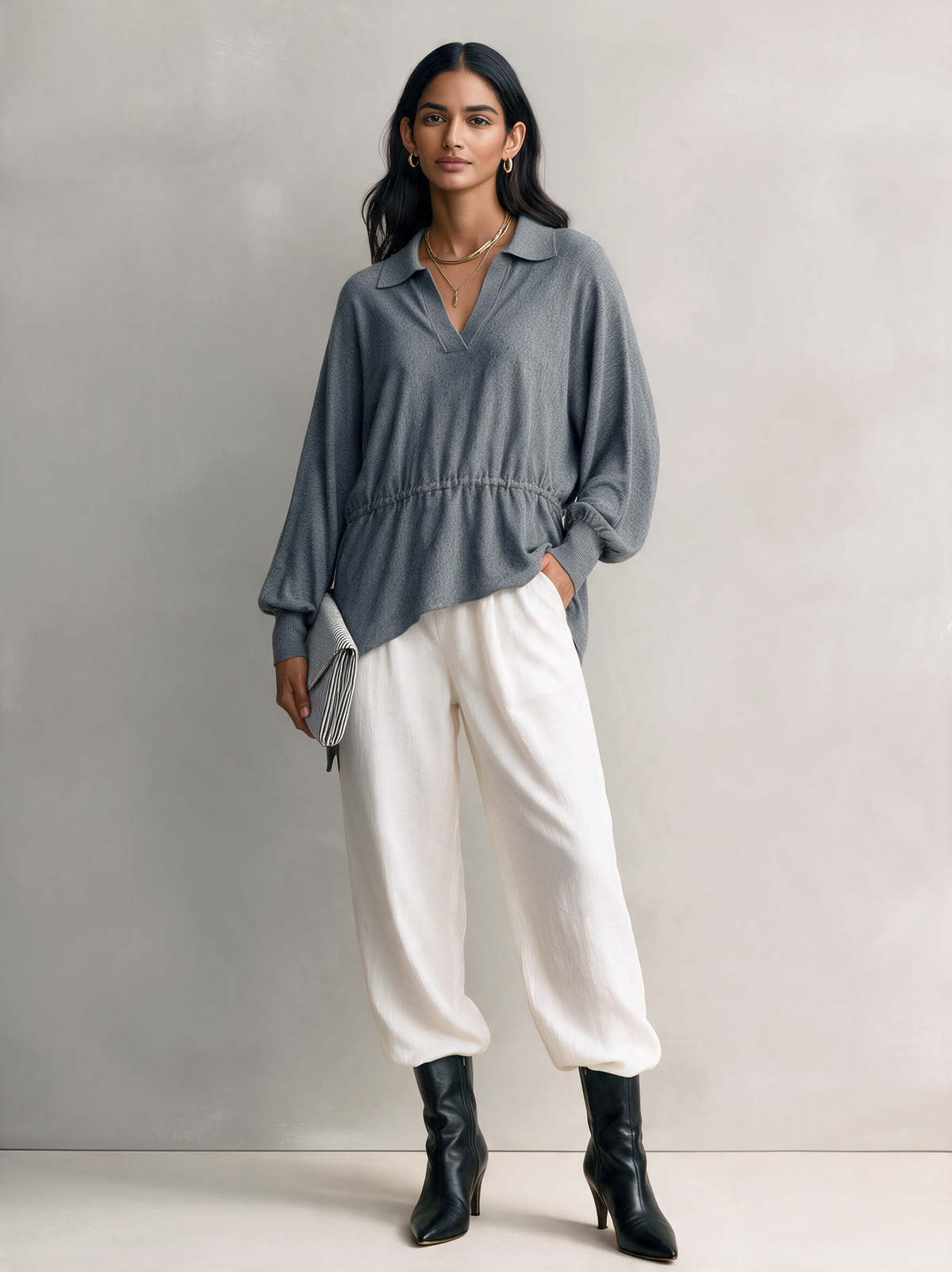 Women's Casual Grey Stretch-Knit Long-Sleeve Top