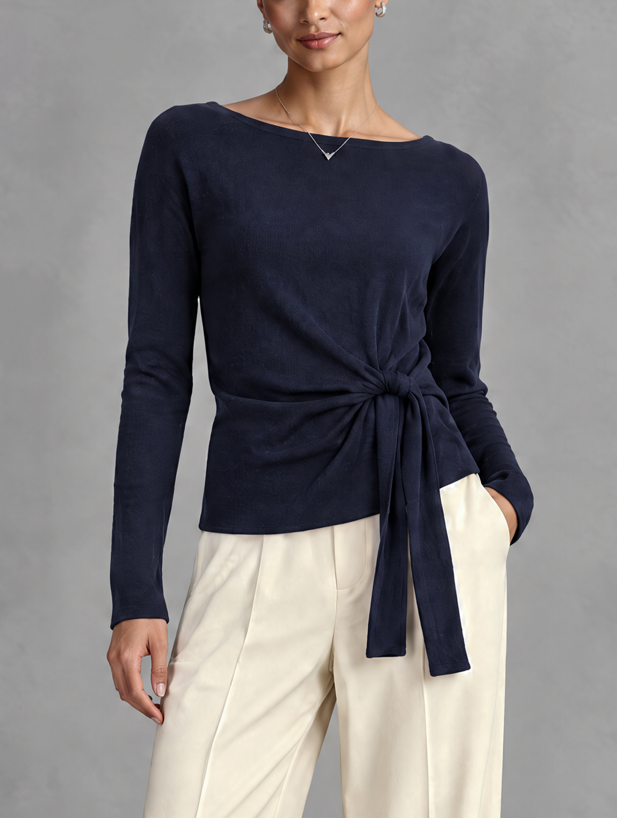 Women's Casual Navy Blue Stretch Knit Long-Sleeve Base Layer Top