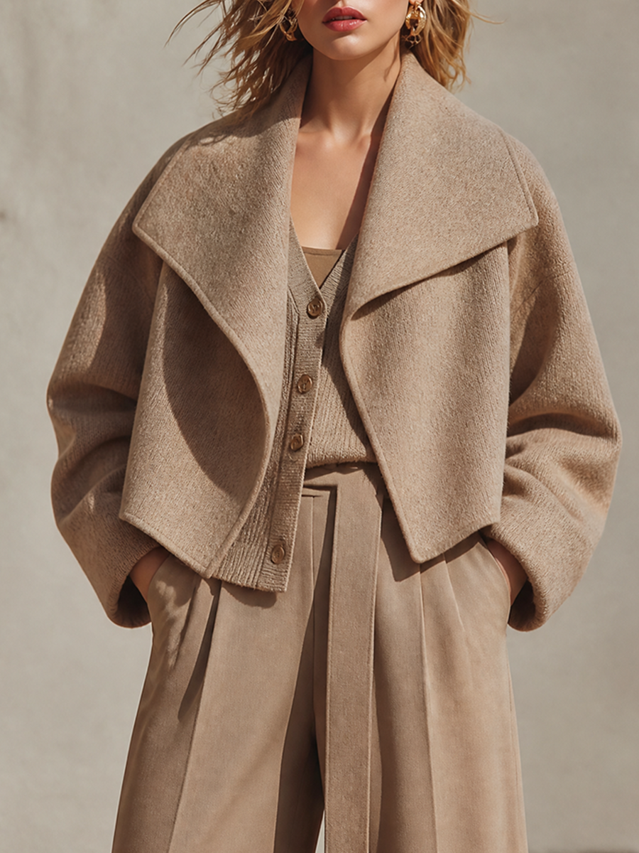 Women's Oversized Wool-Blend Cropped Coat With Wide Lapel