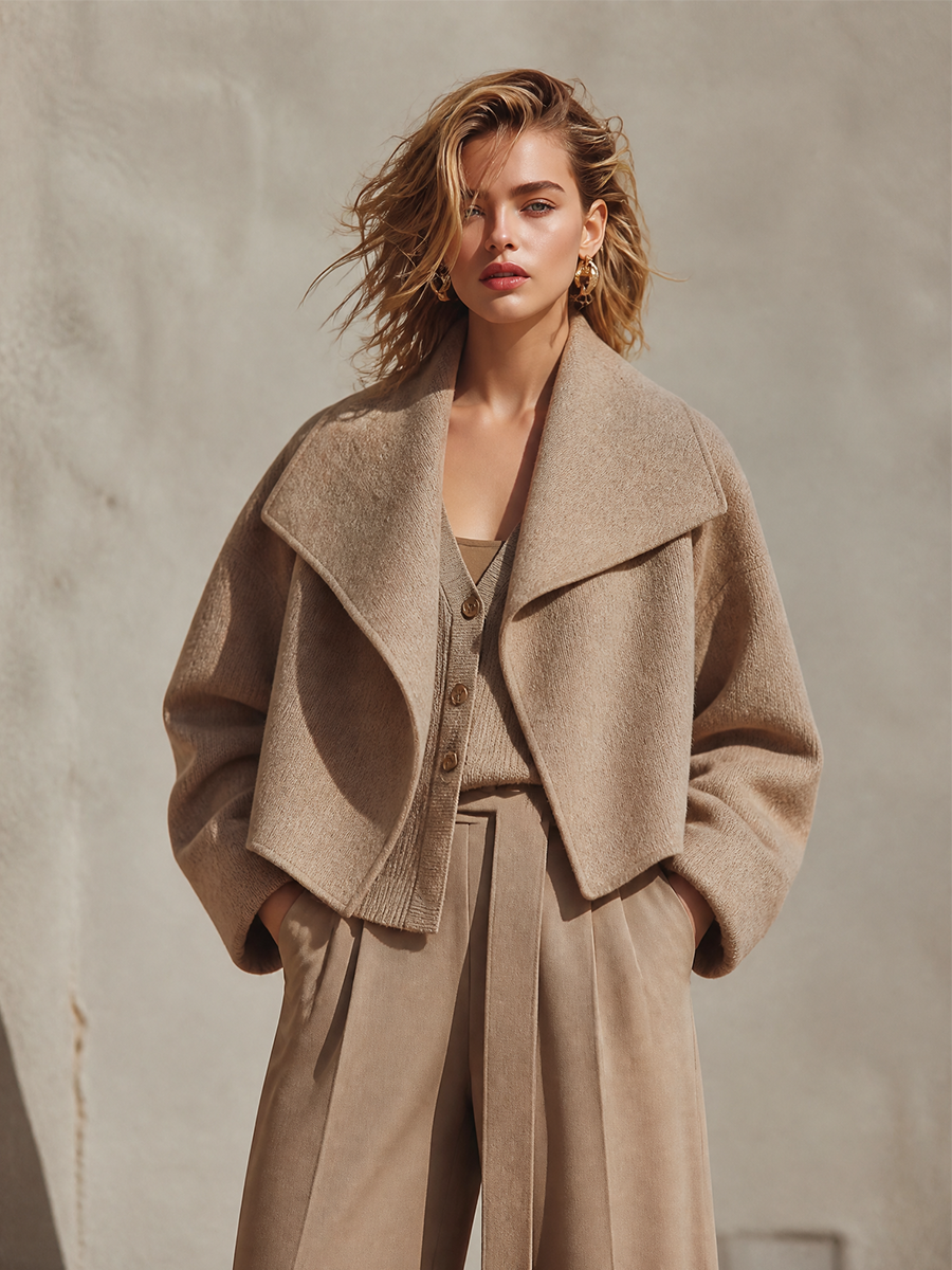Women's Oversized Wool-Blend Cropped Coat With Wide Lapel