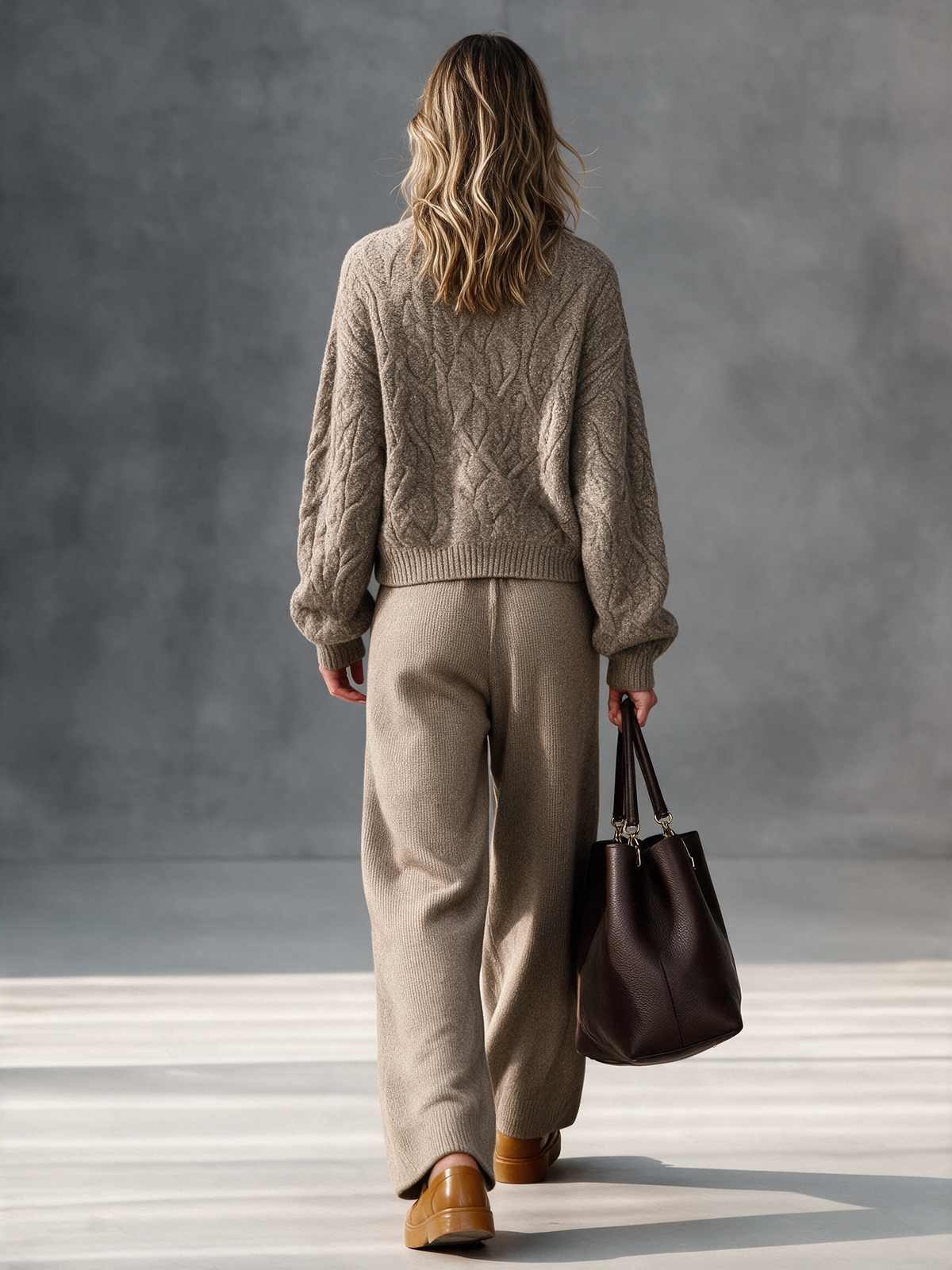 Women's Taupe Half-Zip Turtleneck Cable Knit Top