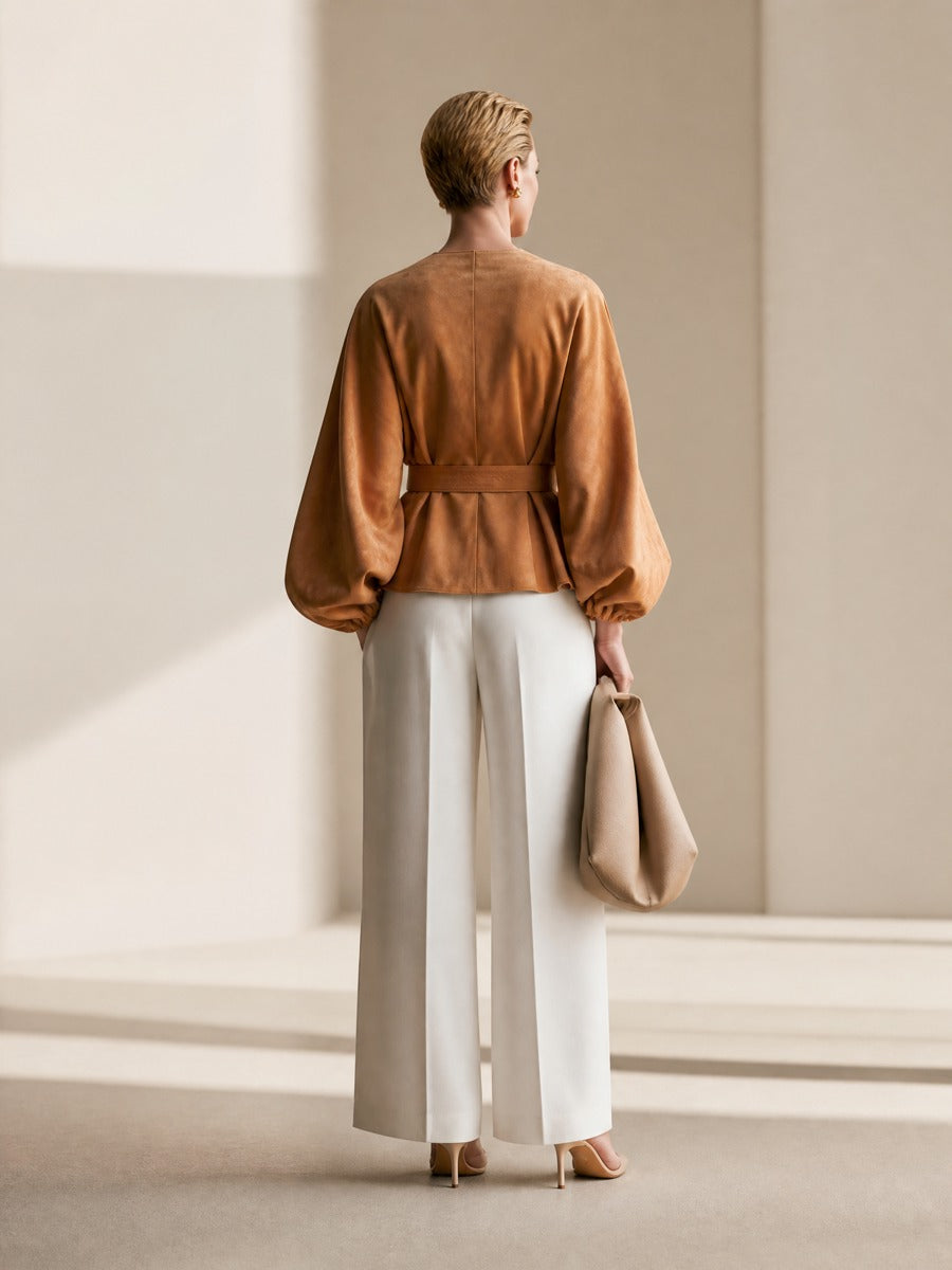 Women's Minimalist Belted Balloon Sleeves Short Jacket