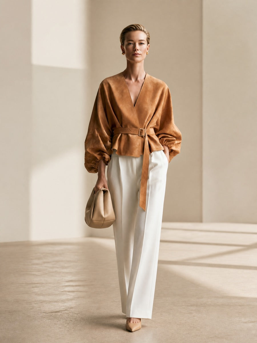 Women's Minimalist Belted Balloon Sleeves Short Jacket