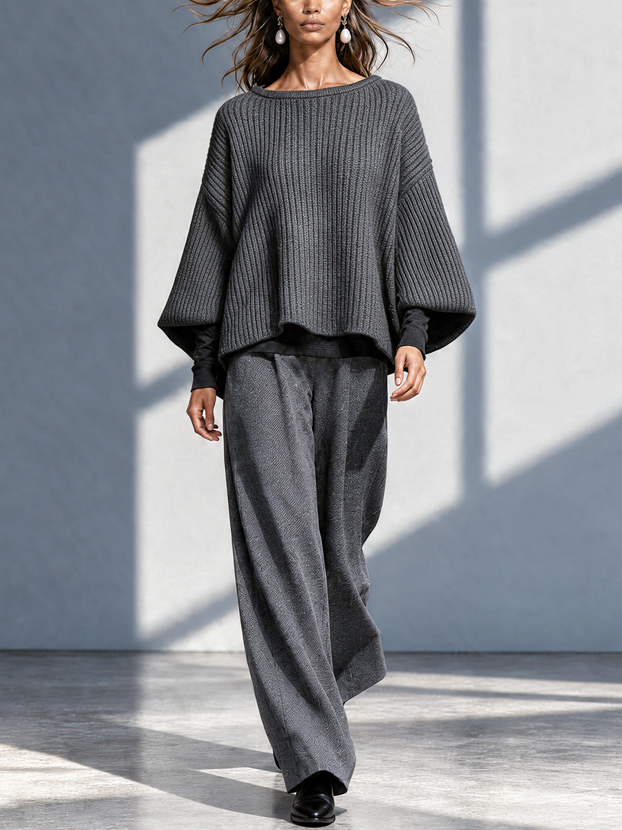 Women's Dark Grey Boat Neck Wide Sleeve Knit Top & Wide Leg Pant Set