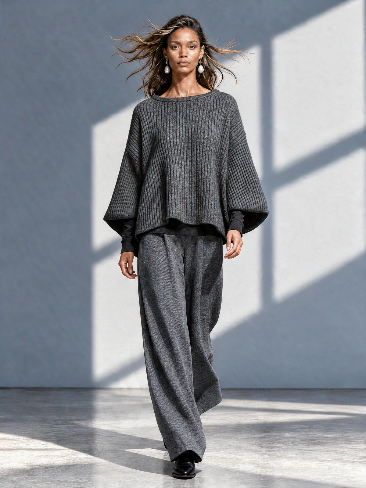 Women's Dark Grey Boat Neck Wide Sleeve Knit Top & Wide Leg Pant Set
