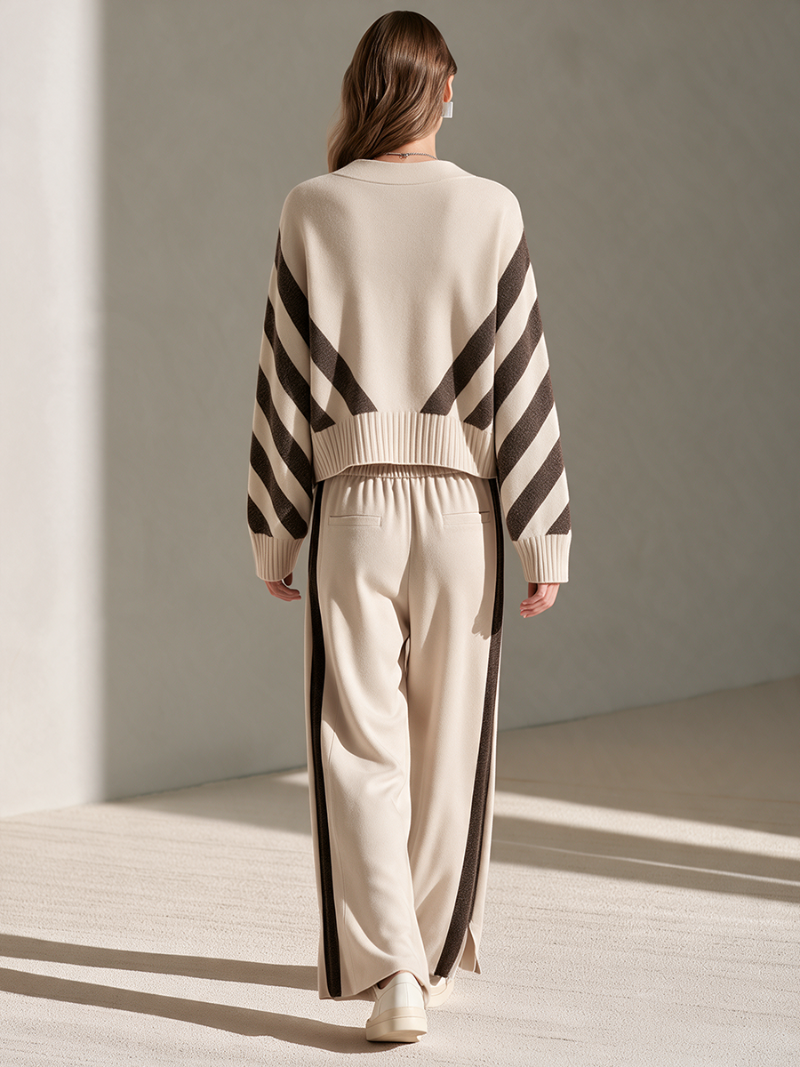 Women's Beige Contrast-Stripe V-Neck Button Cardigan & Side-Stripe Wide-Leg Trouser Set