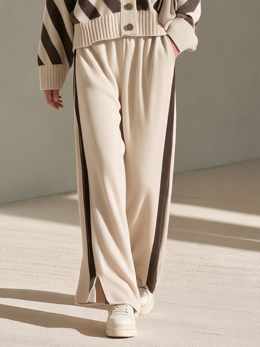 Women's Beige Contrast-Stripe V-Neck Button Cardigan & Side-Stripe Wide-Leg Trouser Set