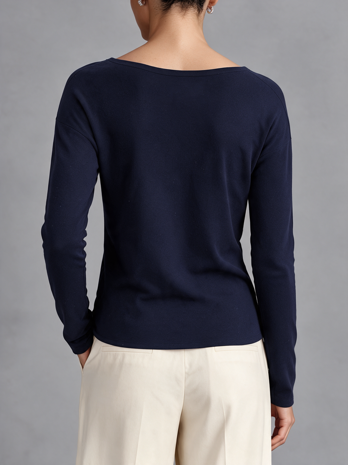 Women's Casual Navy Blue Stretch Knit Long-Sleeve Base Layer Top