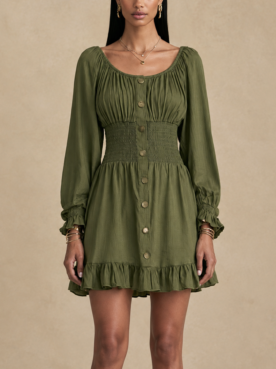 Women's Button Detail Waisted Elegant Ruffle Mini Dress