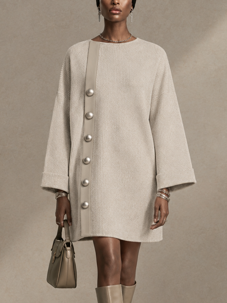Women's Button Trim Casual Knit Round Neck Mini Dress