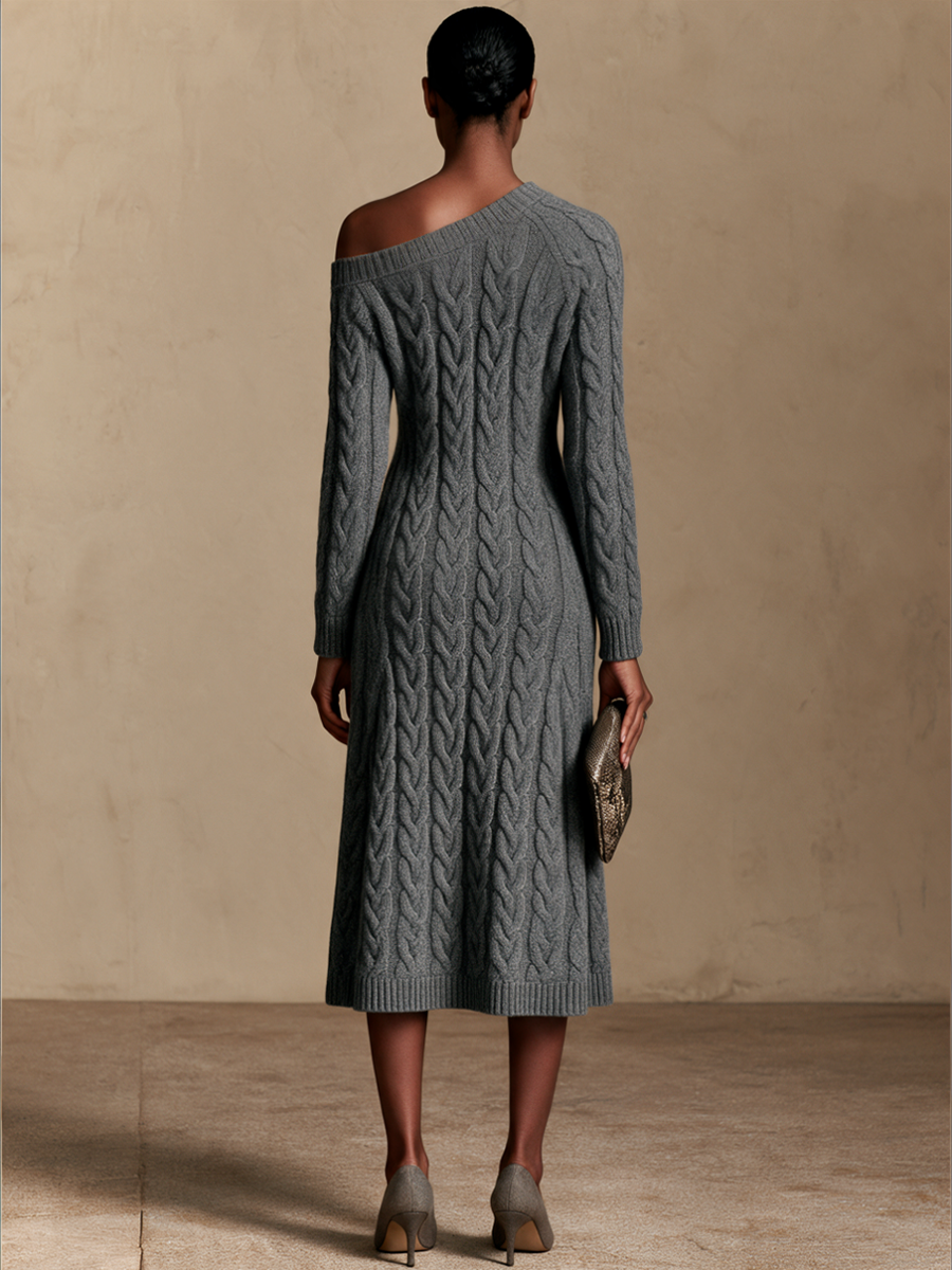 Women's Button Detail Elegant Knit Off-Shoulder Midi Dress