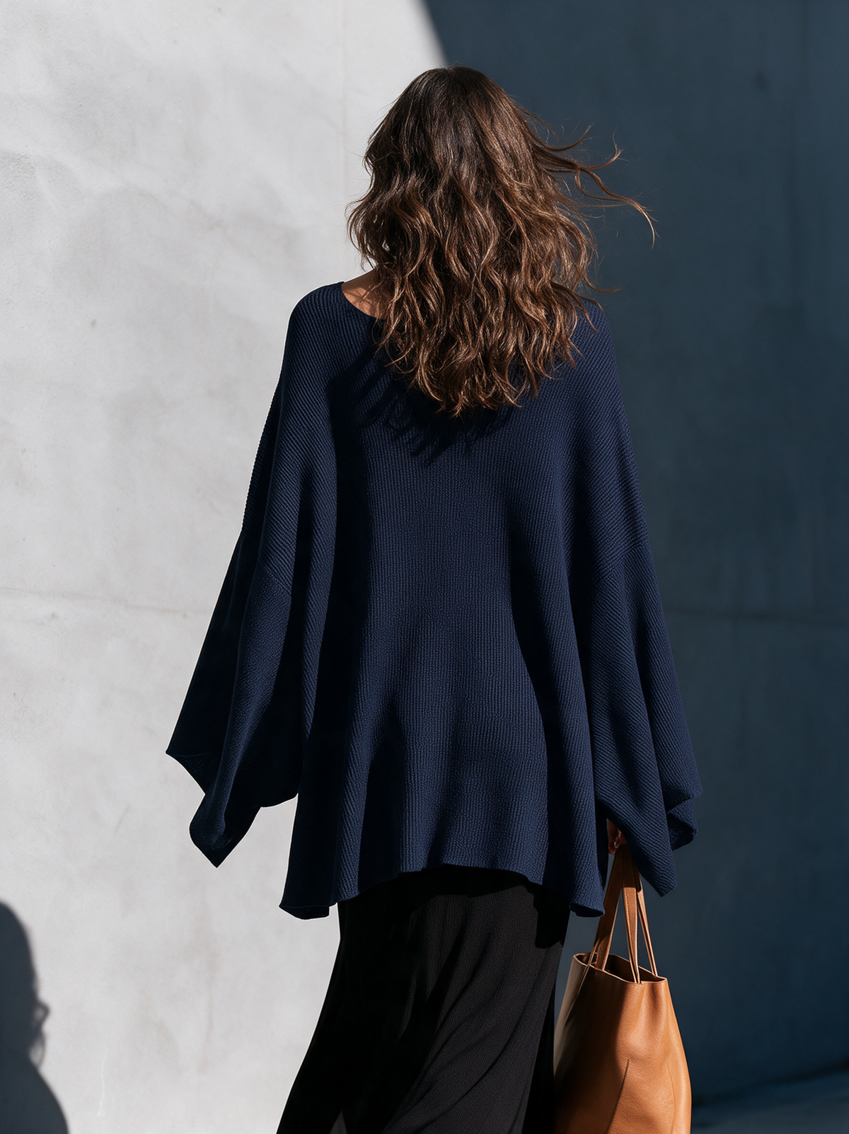 Women's Casual Navy Blue Long-sleeve Knit Top
