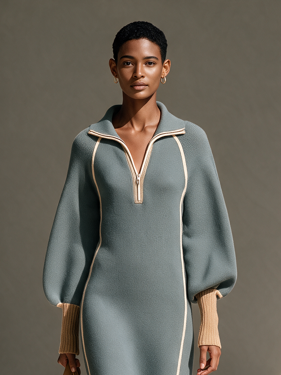 Women's Grey-Blue Collared Half-Zip Contrast-Piping Blouson-Sleeve Wool-Knit Maxi Dress