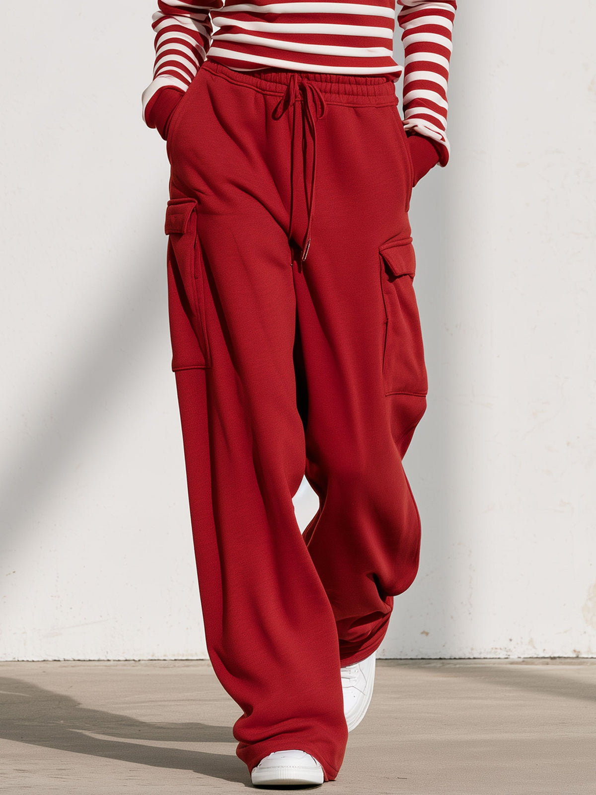 Fashionable Sporty Striped Sweatshirt And Red Cargo Pants Set With Half-zip  - By Qivii