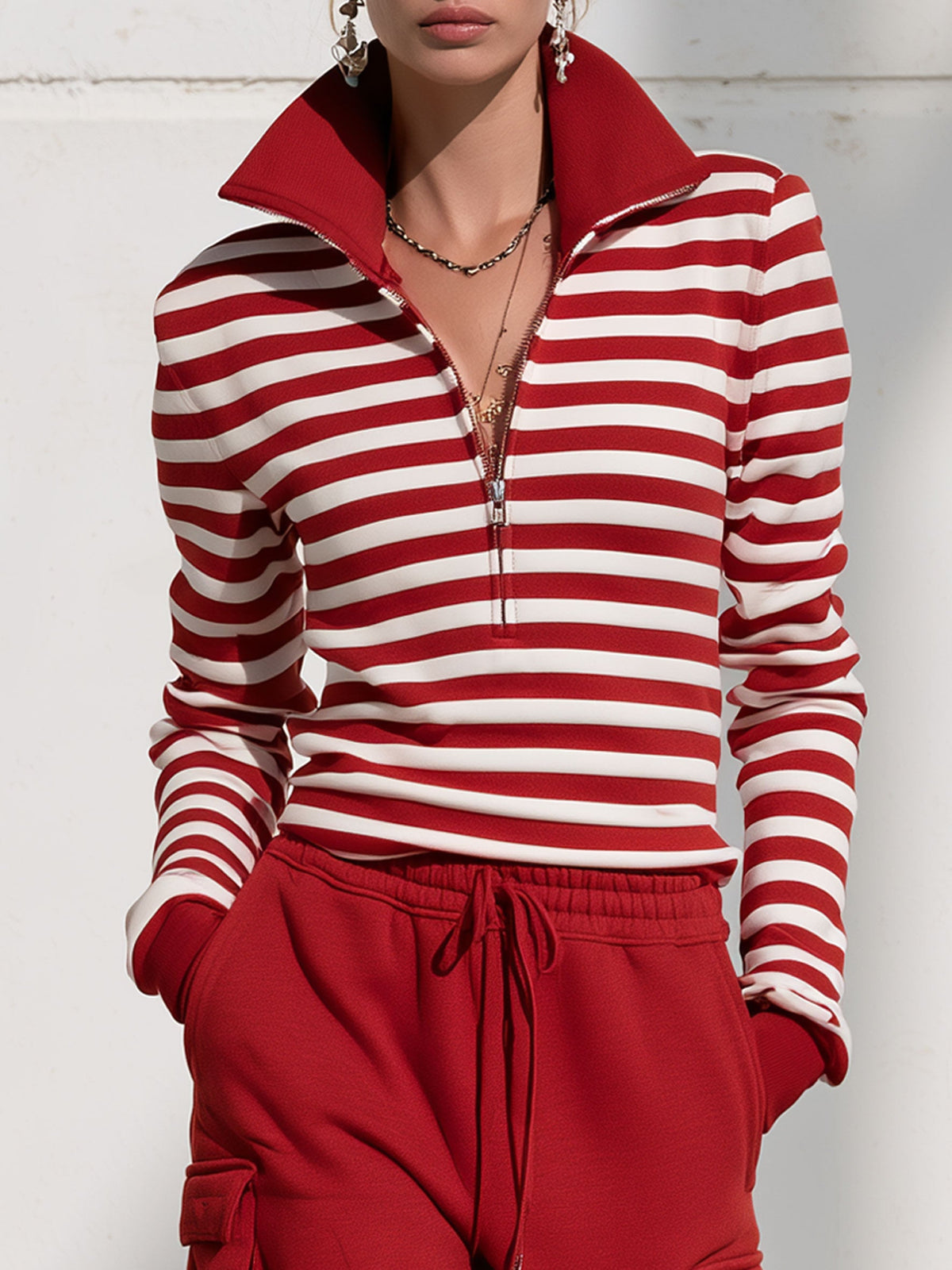 Fashionable Sporty Striped Sweatshirt And Red Cargo Pants Set With Half-zip  - By Qivii