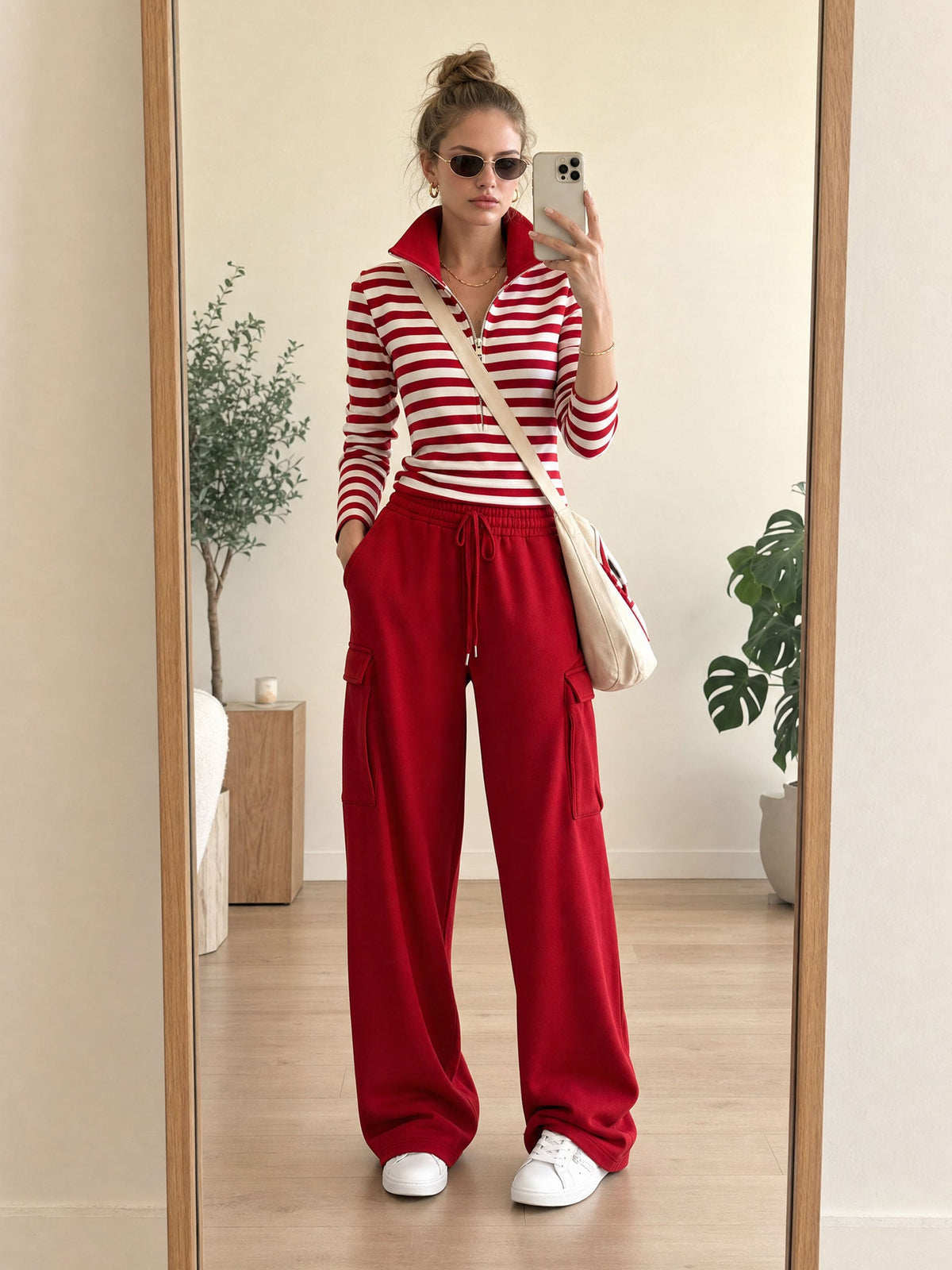 Fashionable Sporty Striped Sweatshirt And Red Cargo Pants Set With Half-zip  - By Qivii