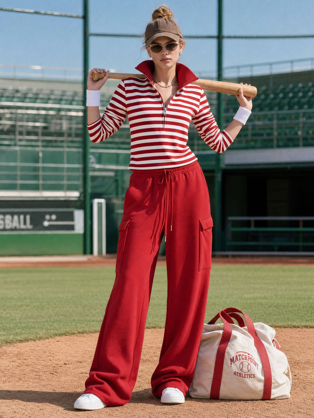 Fashionable Sporty Striped Sweatshirt And Red Cargo Pants Set With Half-zip  - By Qivii