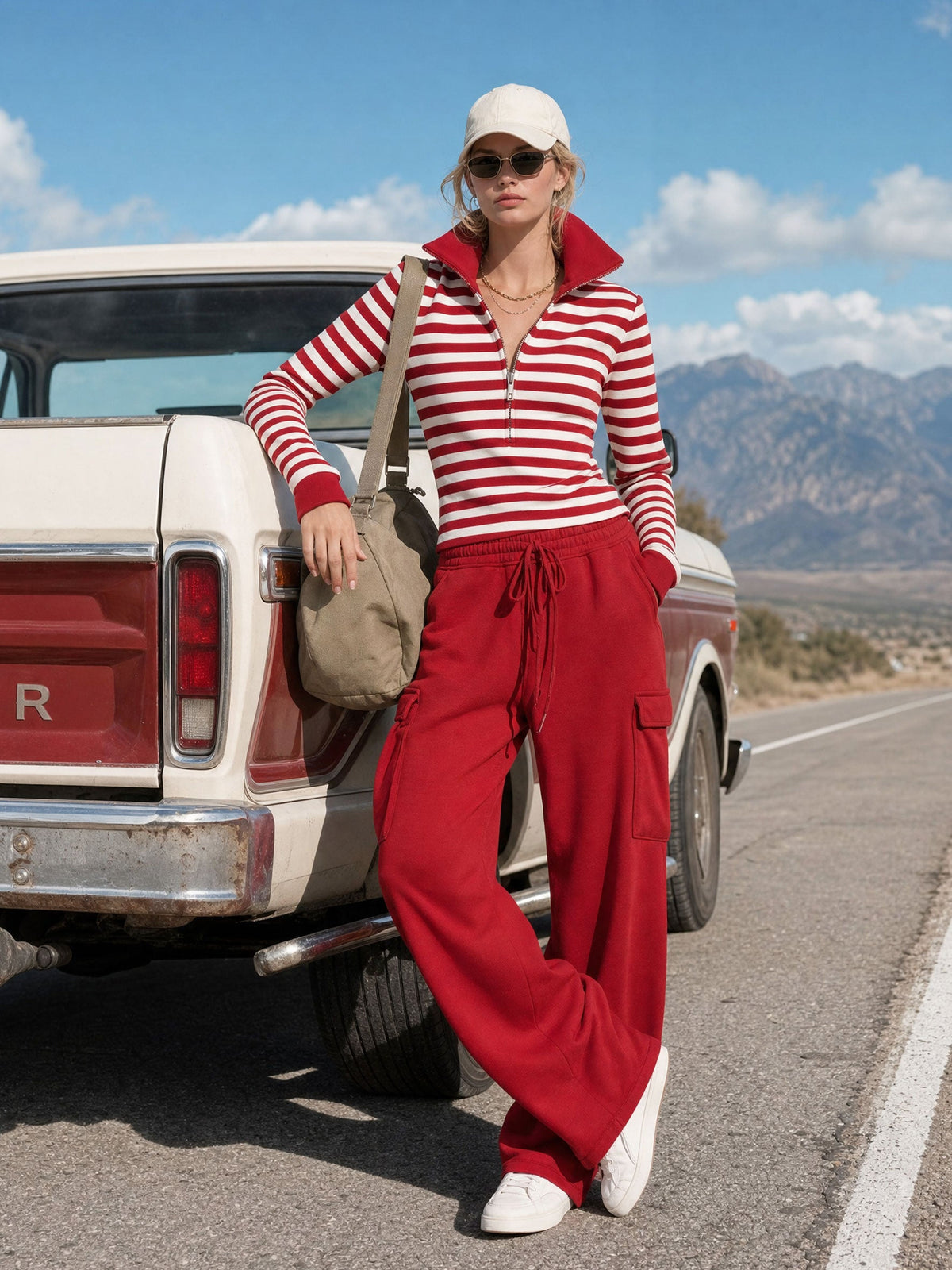 Fashionable Sporty Striped Sweatshirt And Red Cargo Pants Set With Half-zip  - By Qivii