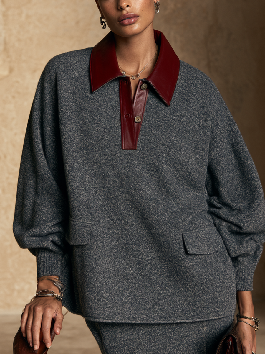 Women's Color-Blocked Leather Collar Fashion Pullover Sweater