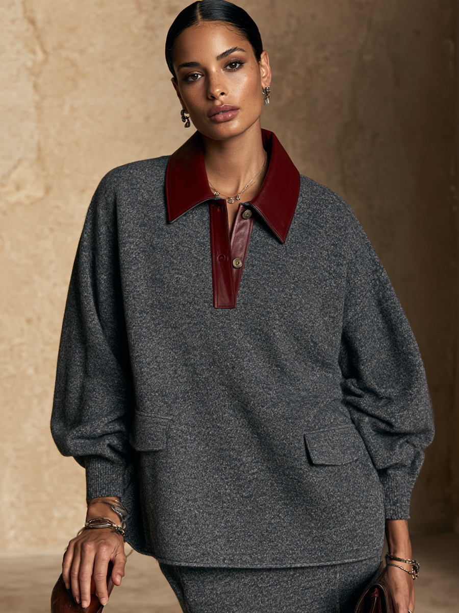 Women's Color-Blocked Leather Collar Fashion Pullover Sweater