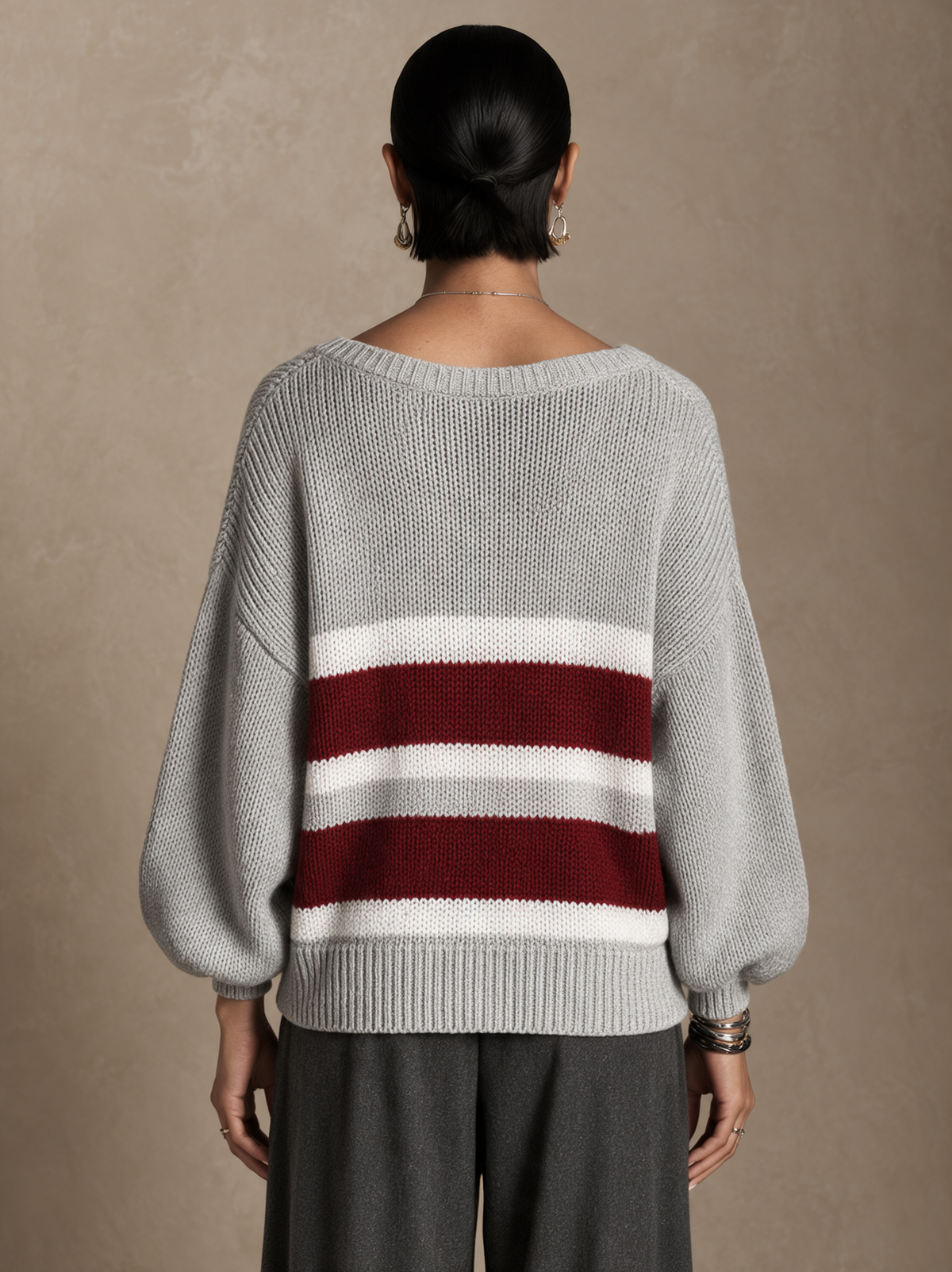 Women's Contrast Stripe Casual Round Neck Pullover Sweater