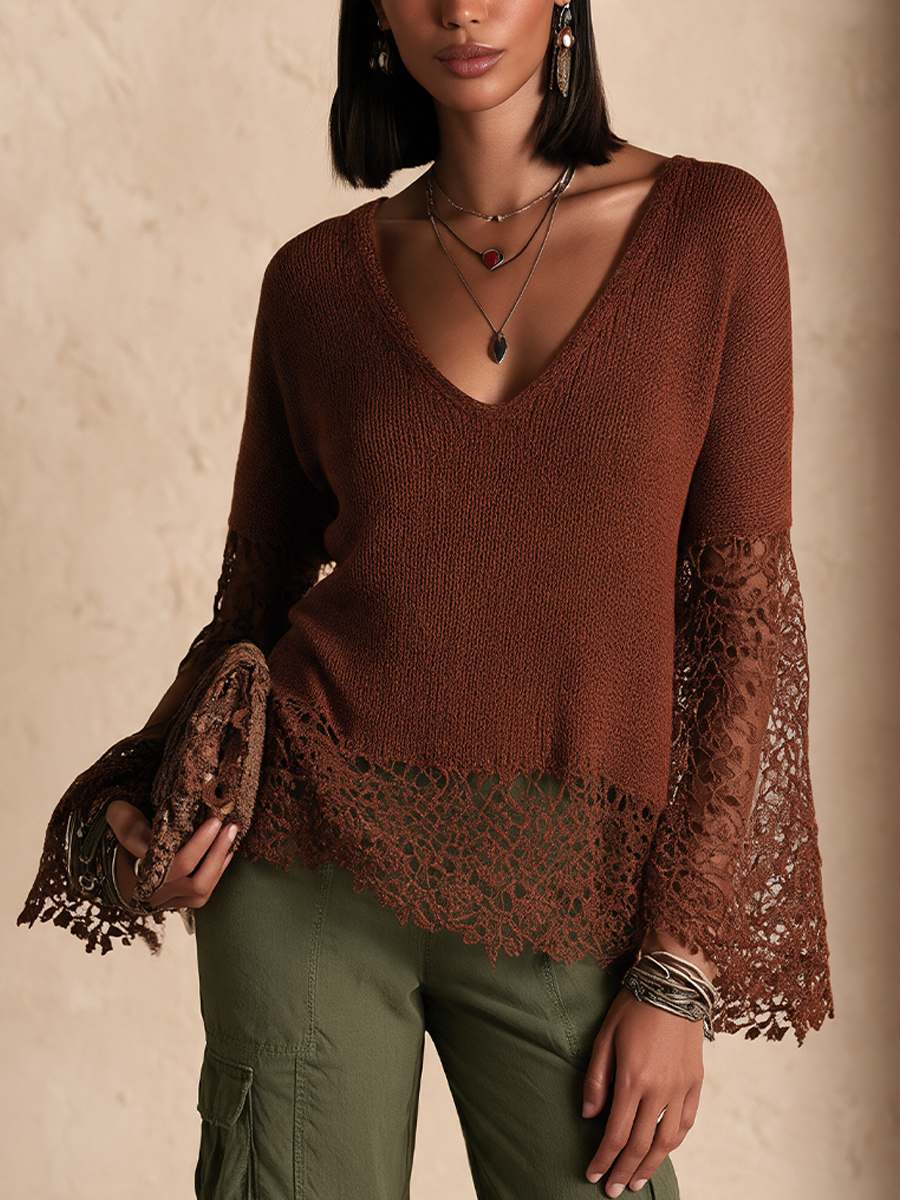 Women's Lace Panel Bohemian Bell Sleeve Sweater