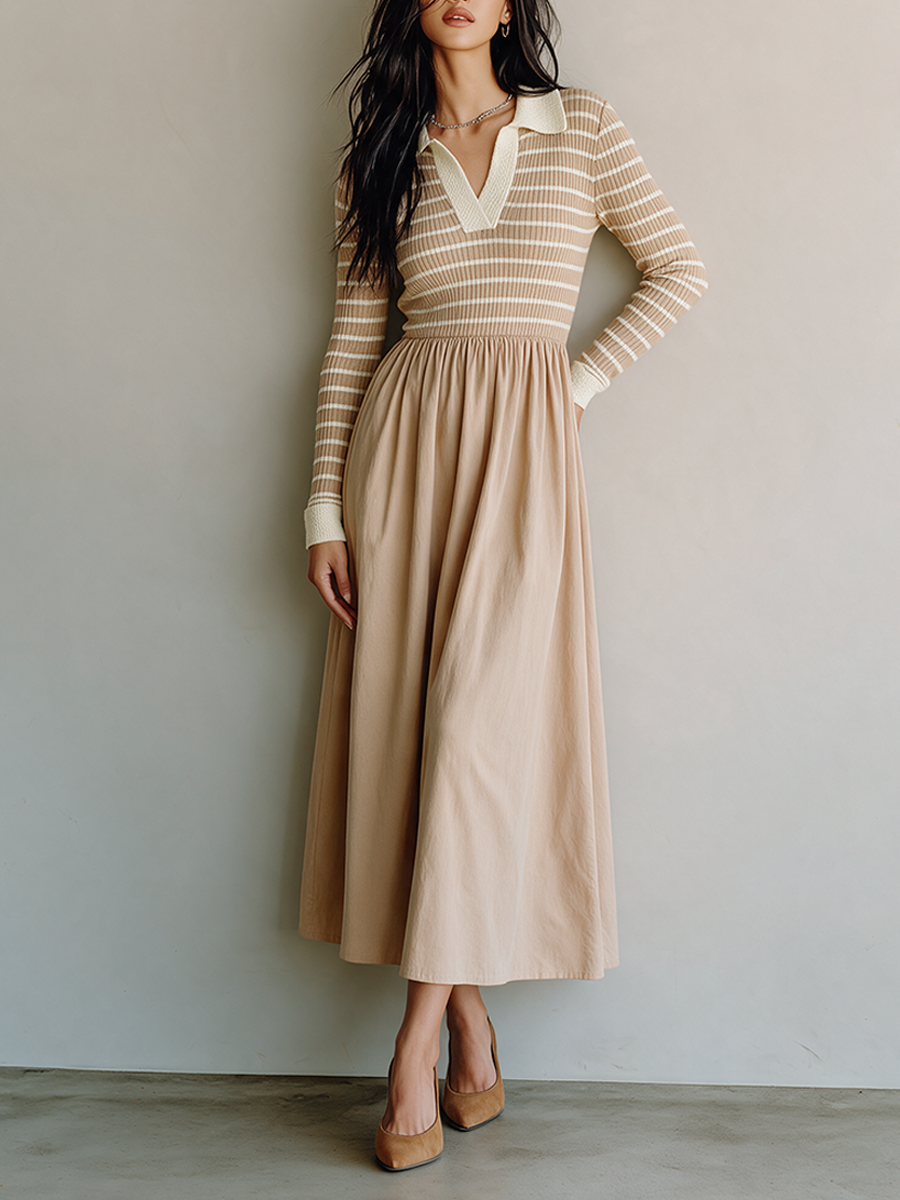 Women's Casual Knit-and-Woven Panel Polo-Collar Midi Dress