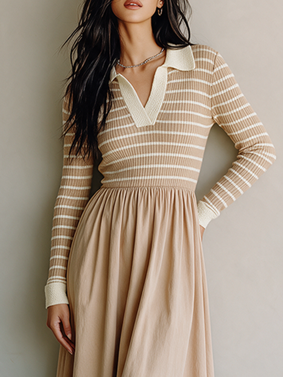 Women's Casual Knit-and-Woven Panel Polo-Collar Midi Dress