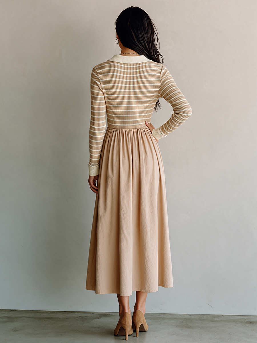 Women's Casual Knit-and-Woven Panel Polo-Collar Midi Dress