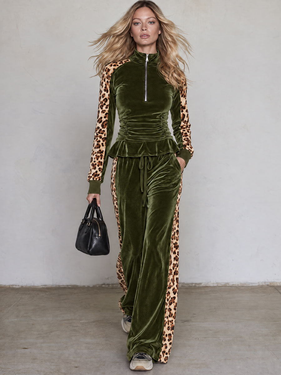 Retro Color-blocked Leopard Print Trim Green Velvet Ruffle Top And Pants Set  - By Qivii