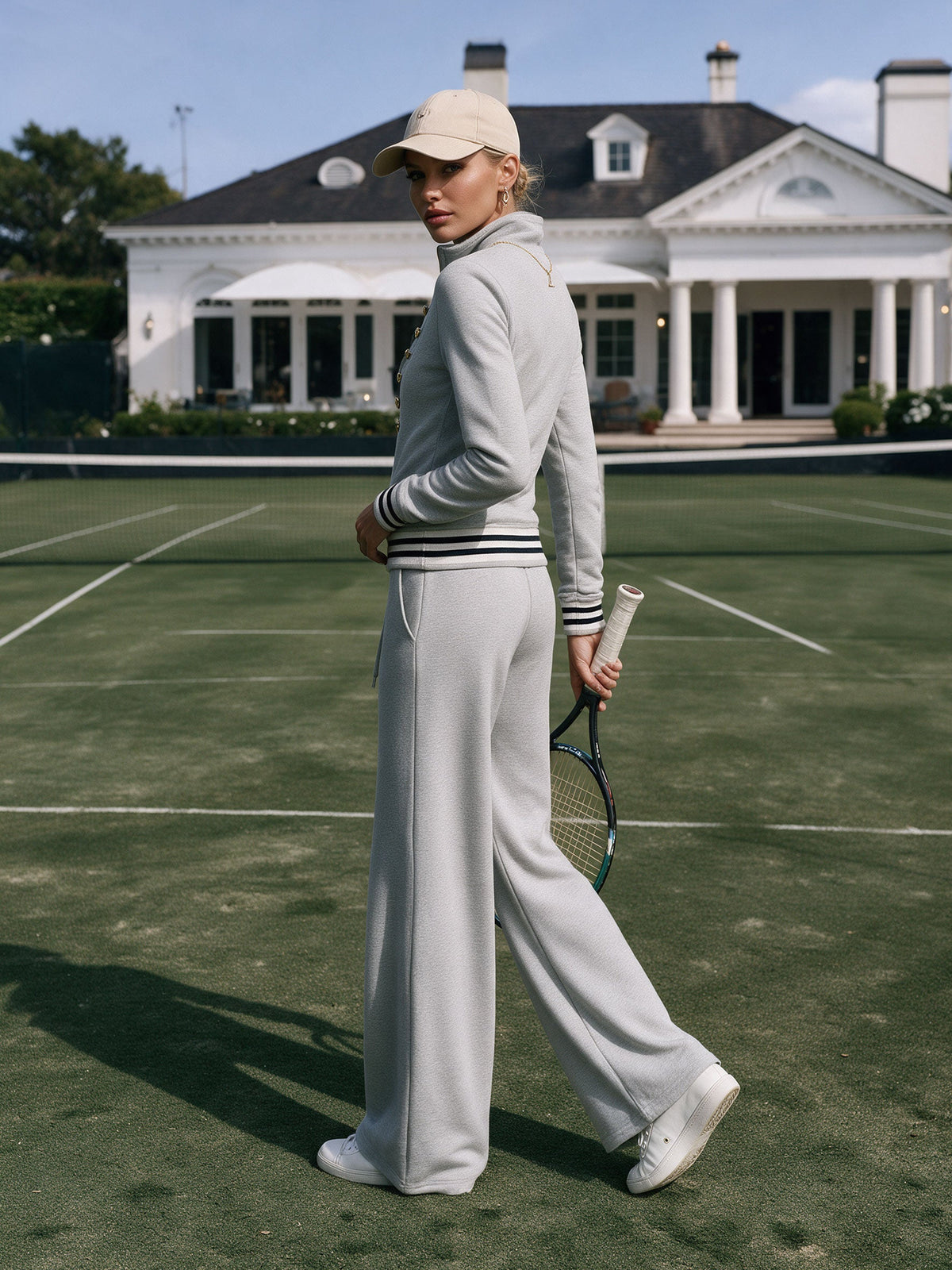 Oyrosy Clothing sporty grey half-zip sweatshirt and wide-leg pants set for women, casual fashion ensemble with comfortable fit