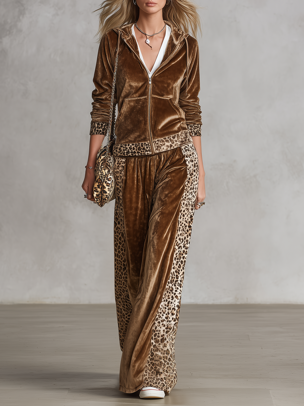 Vintage Western Leopard Trim Velvet Hooded Jacket And Wide-Leg Pants Set  - By Qivii