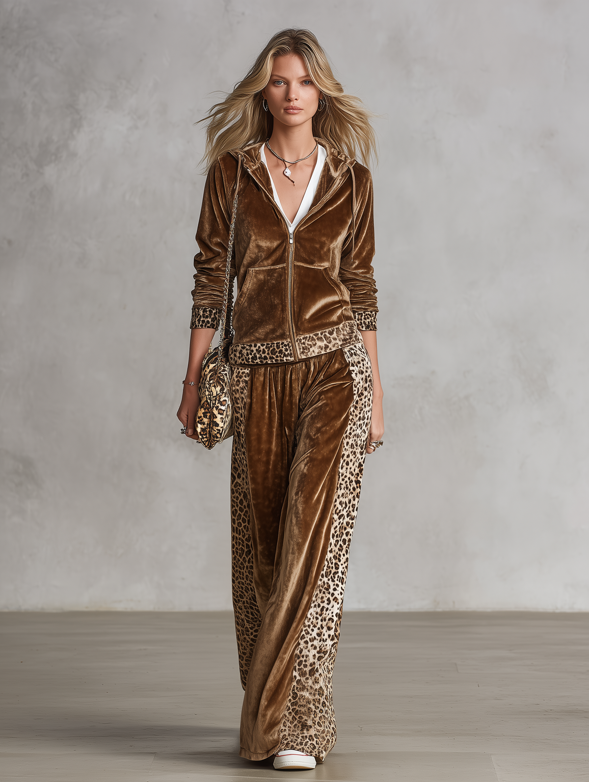 Vintage Western Leopard Trim Velvet Hooded Jacket And Wide-Leg Pants Set  - By Qivii