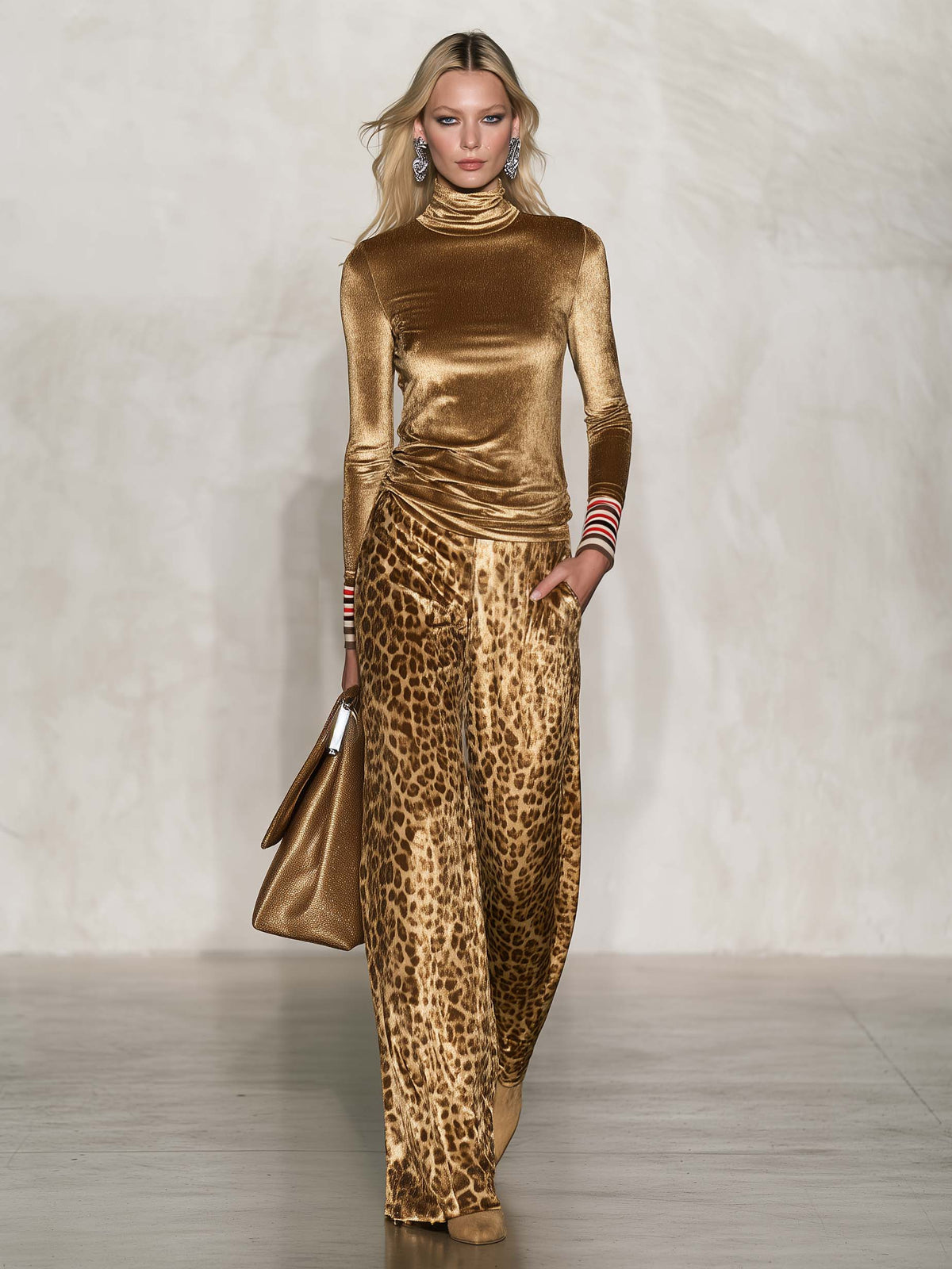 Vintage Glam Gold Velvet Turtleneck Top And Leopard-Print Wide-Leg Pants Set  - By Qivii