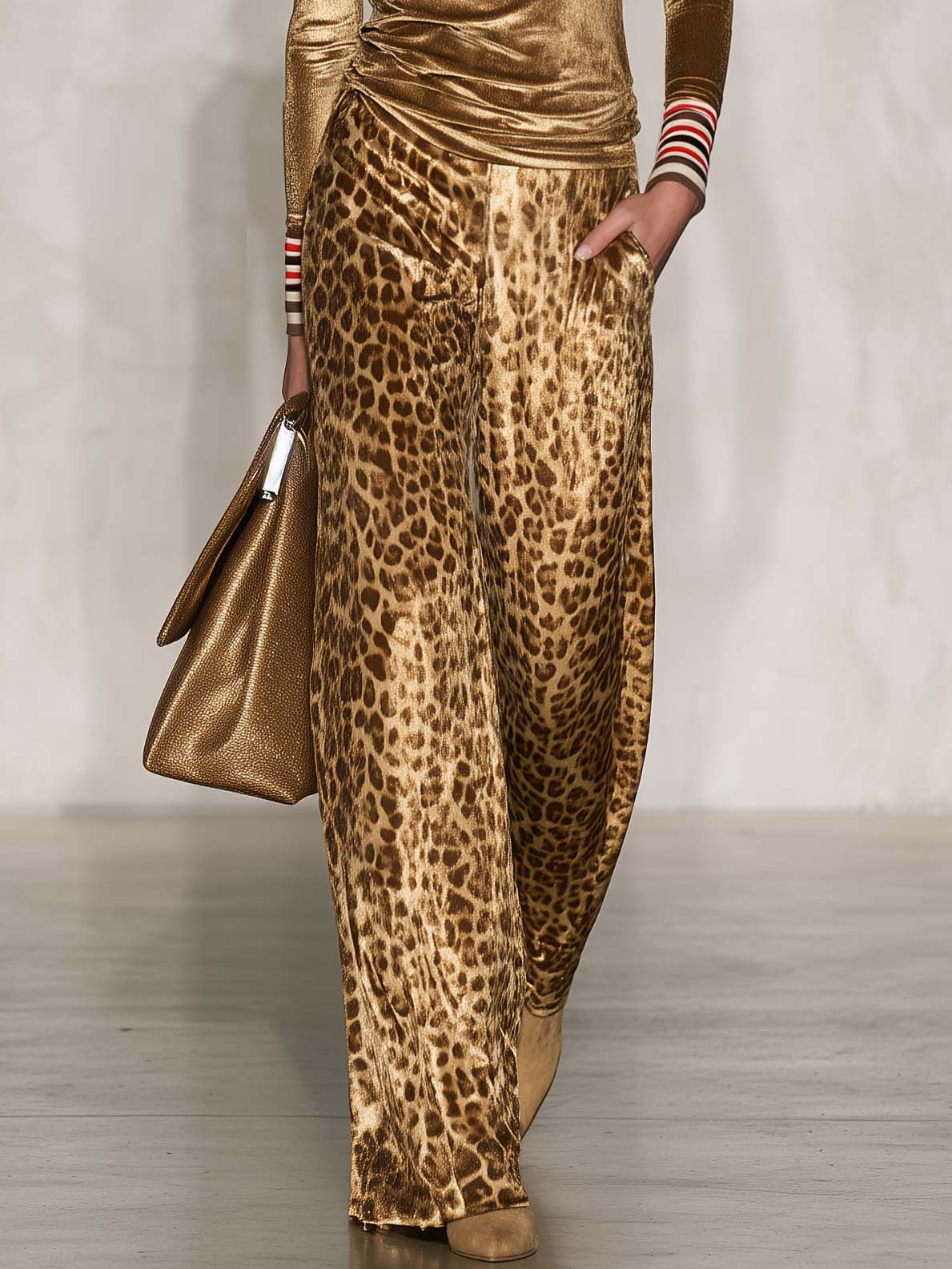 Vintage Glam Gold Velvet Turtleneck Top And Leopard-Print Wide-Leg Pants Set  - By Qivii