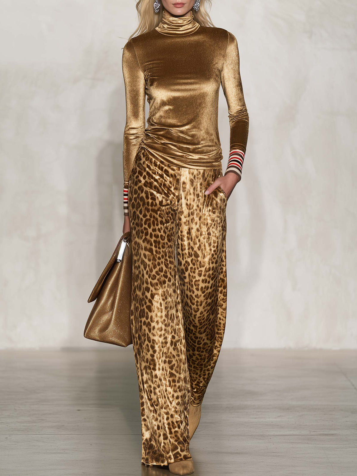 Vintage Glam Gold Velvet Turtleneck Top And Leopard-Print Wide-Leg Pants Set  - By Qivii