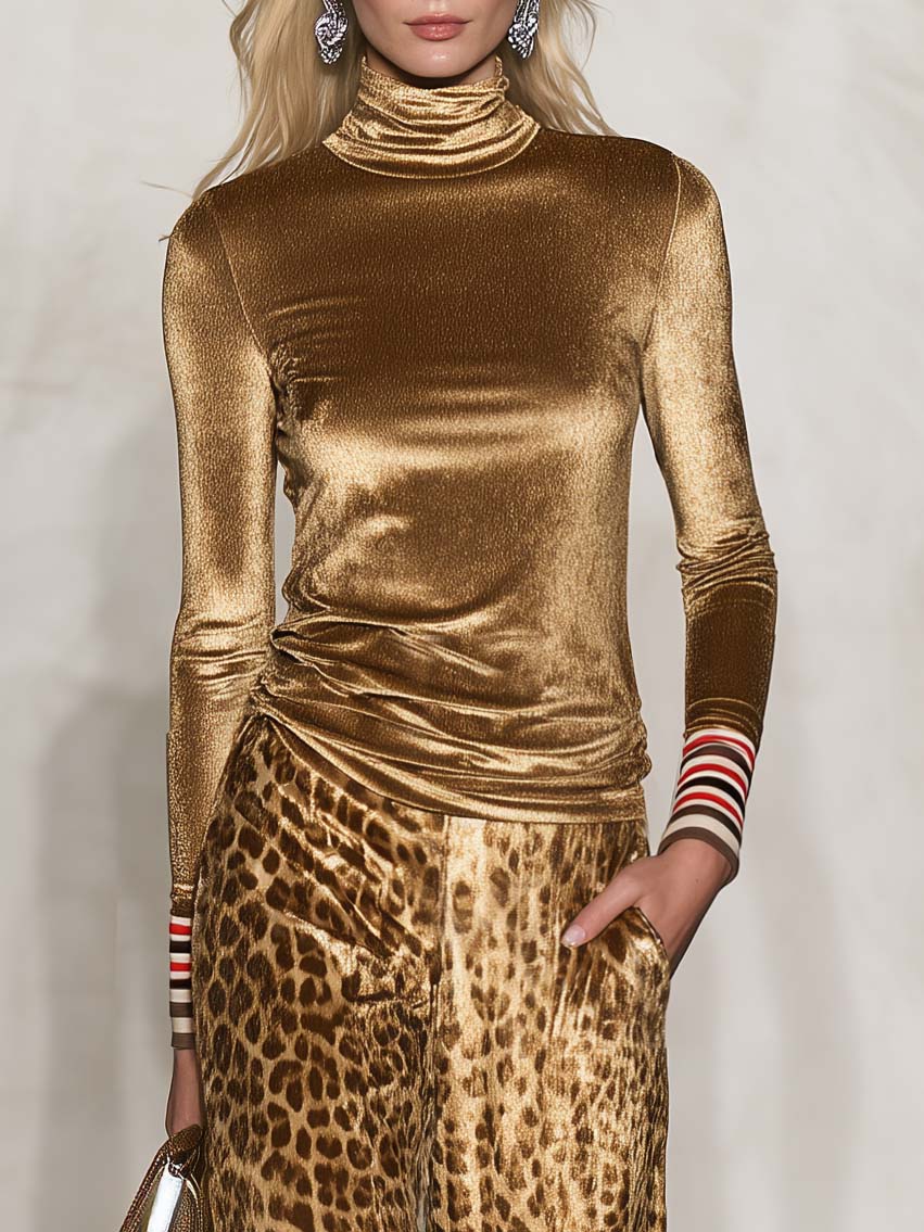 Vintage Glam Gold Velvet Turtleneck Top And Leopard-Print Wide-Leg Pants Set  - By Qivii