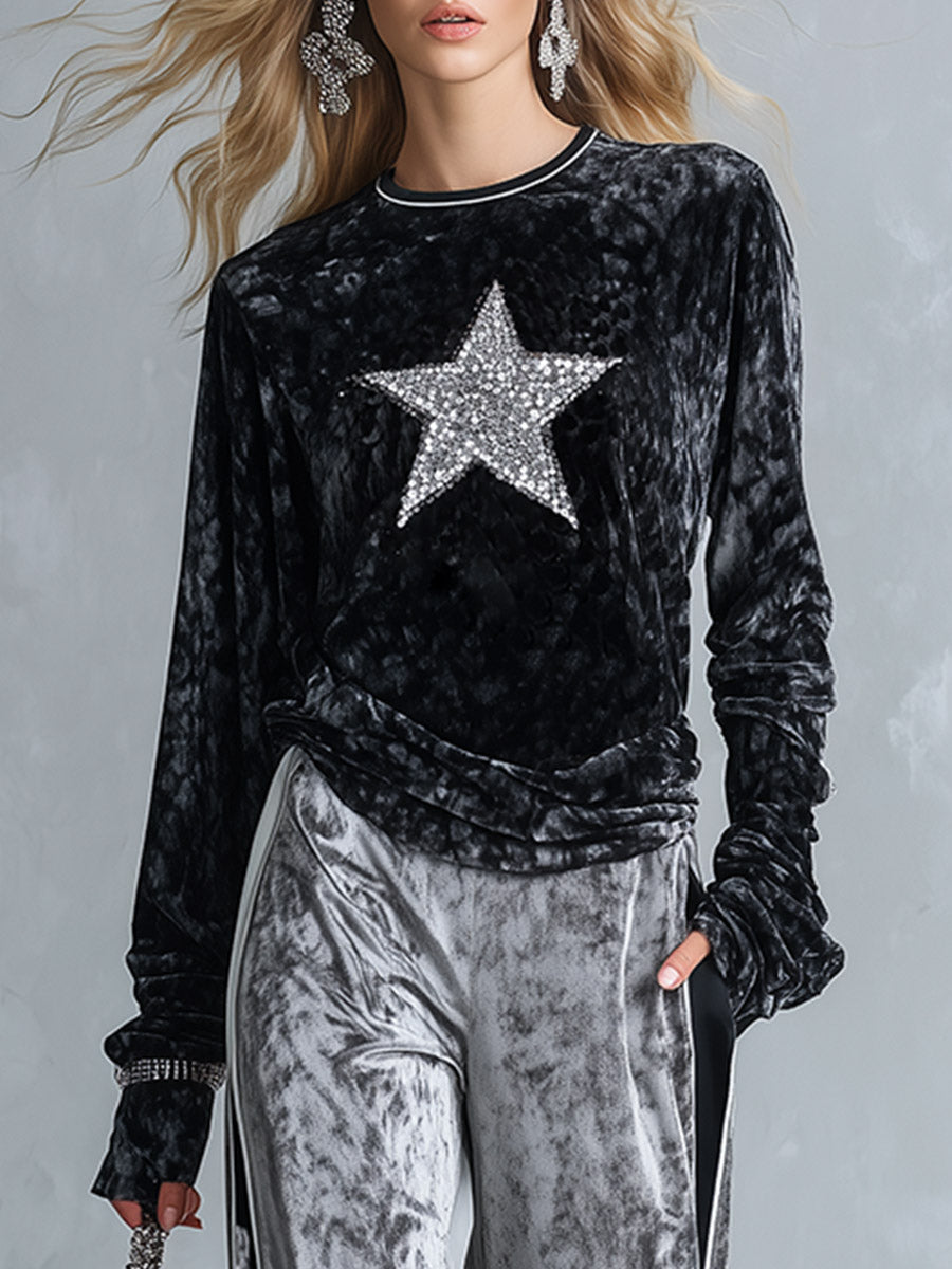 Black sequin star top and grey wide-leg velvet trousers set for women by Oyrosy Clothing, styled for chic casual wear.
