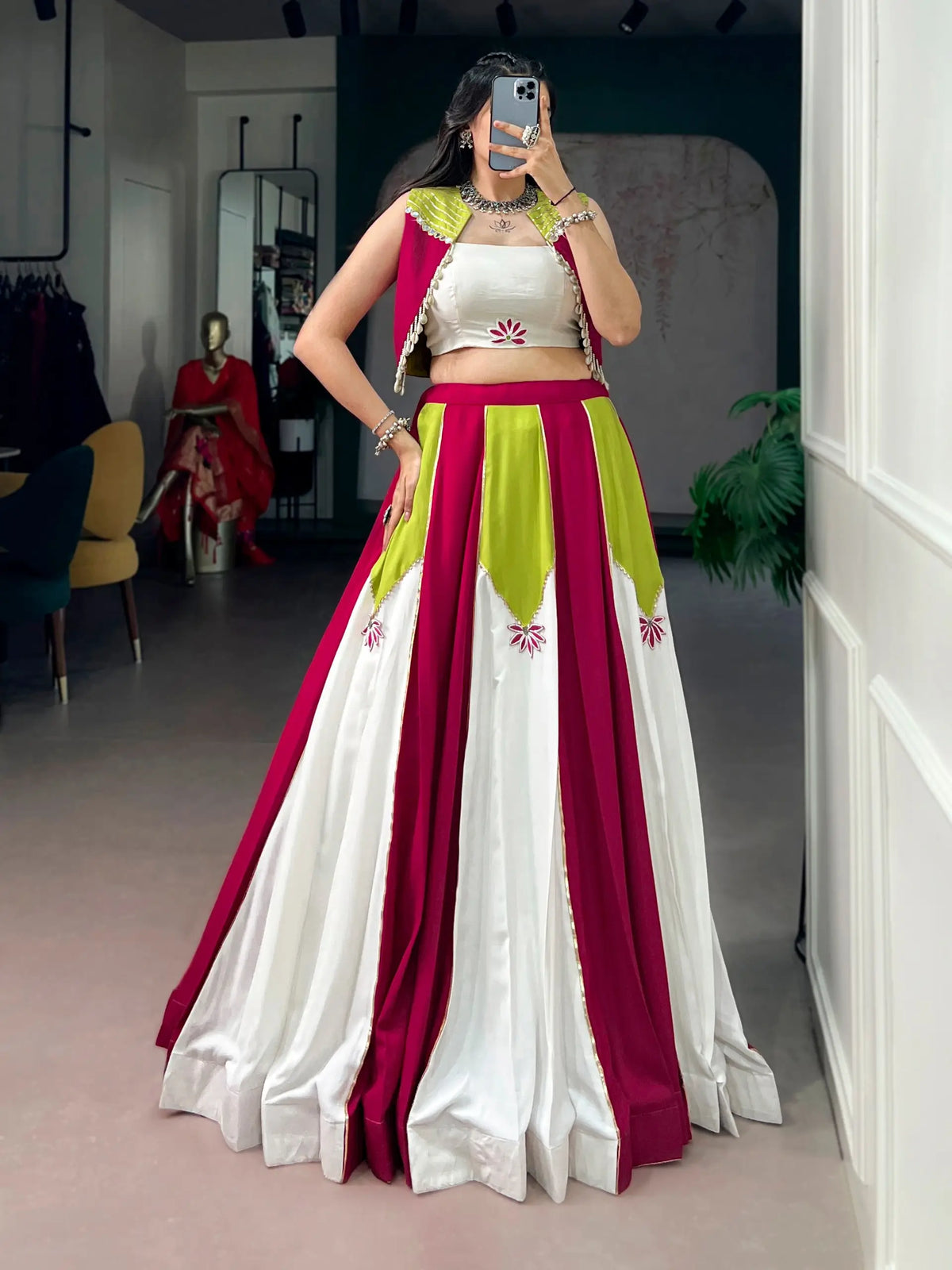 6 Meter Flair | Pink White Green Rayon Chaniya Choli With Mirror Work & Koti