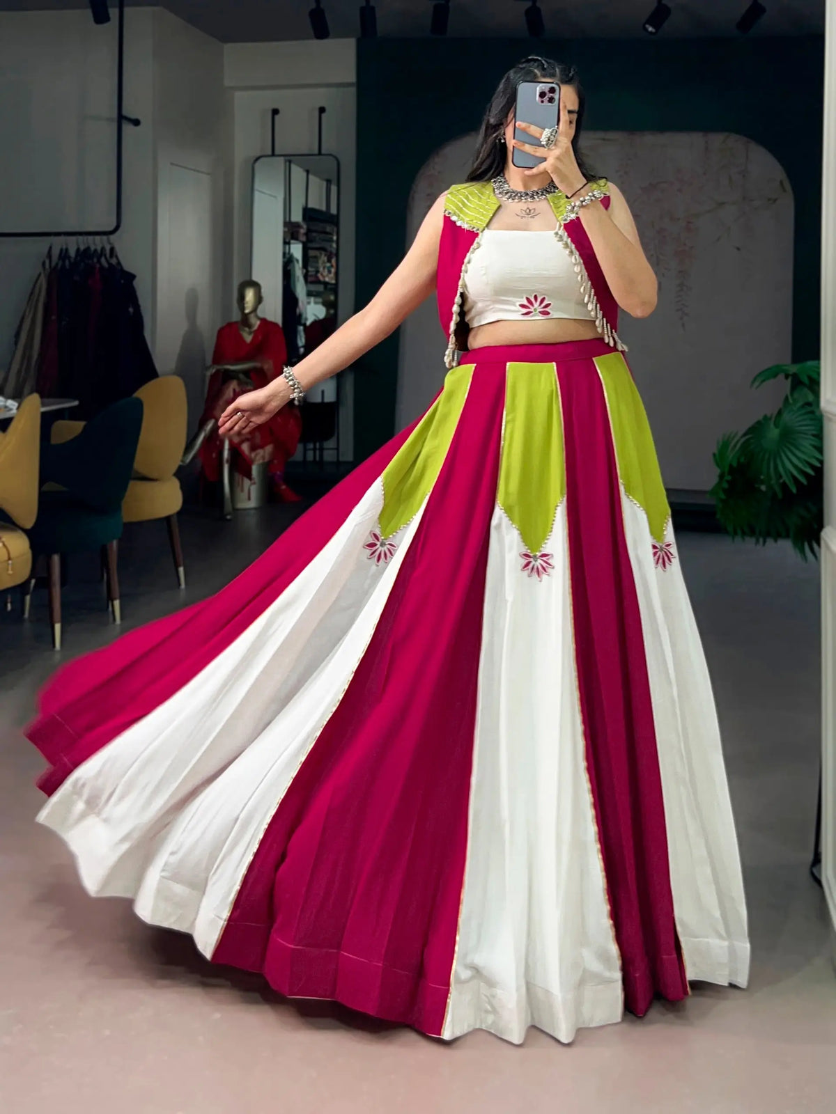 6 Meter Flair | Pink White Green Rayon Chaniya Choli With Mirror Work & Koti