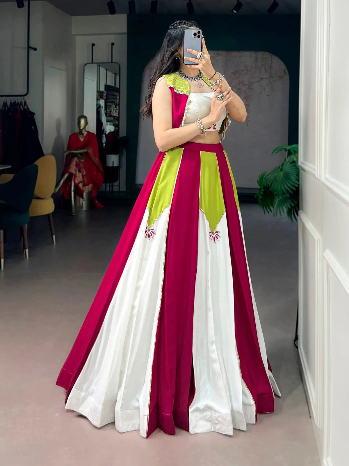 6 Meter Flair | Pink White Green Rayon Chaniya Choli With Mirror Work & Koti