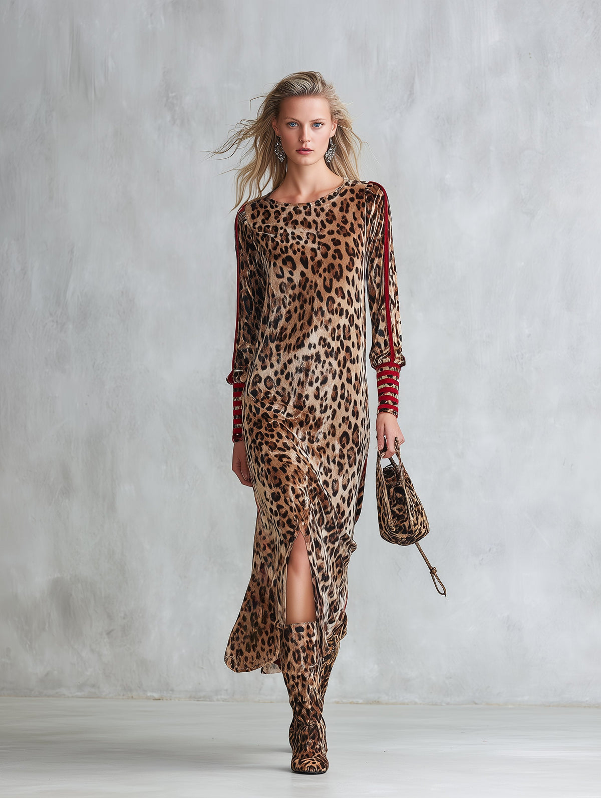 Retro Color-block Striped Leopard Print Slit Velvet Midi Dress  - By Qivii